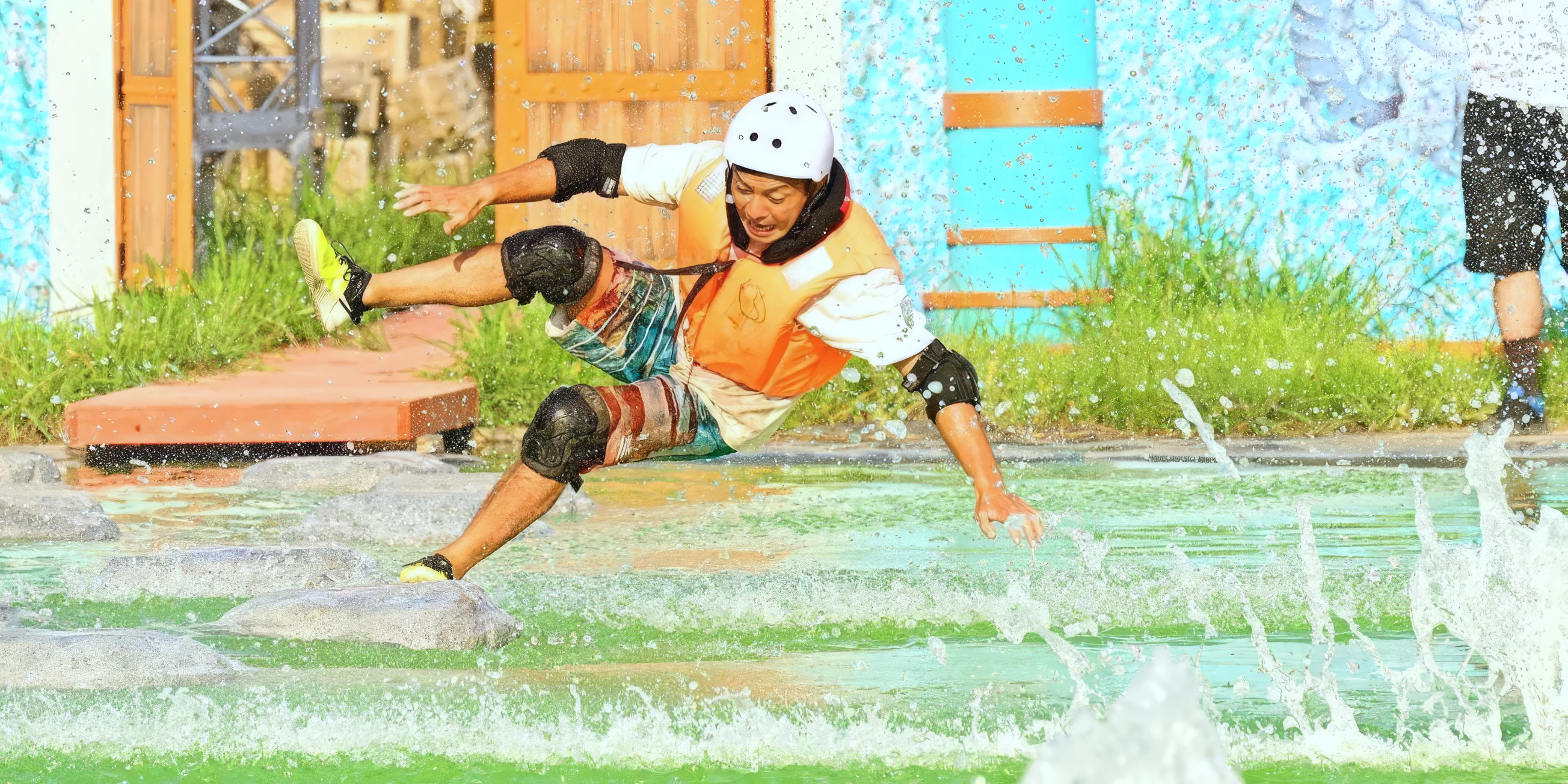 A contestant falls in to the water after treading on a sinking stepping stone in Skipping Stones